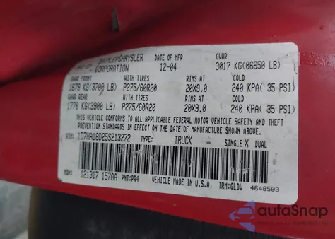 2005 Dodge Ram 1500 Slt/Laramie from USA, damaged, VIN 1D7HA18D25S213272